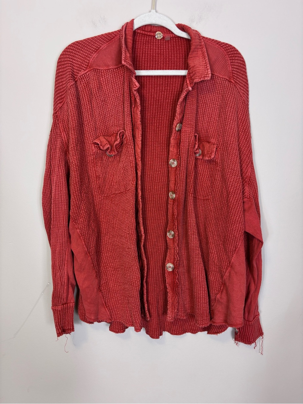 Free People One Distressed Red Button-Down Waffle Shirt Large
